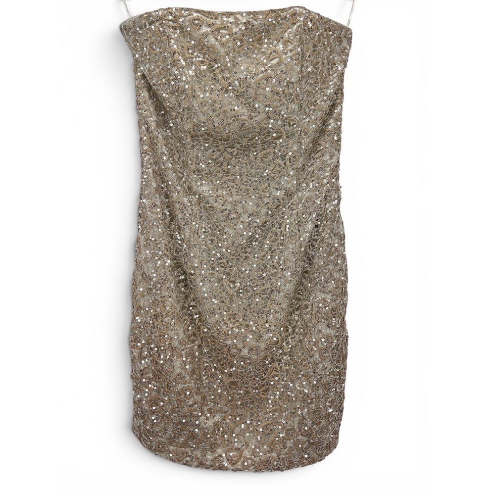 Jessica‎ McClintock Strapless Sequin Lace Cocktail Dress Champagne Silver Size 6